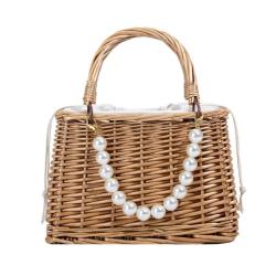 High Quality Square Silk Ribbon Hollow Out Pearl Handbags China Tote Beach Bags Straw Bucket Bag New Handbags