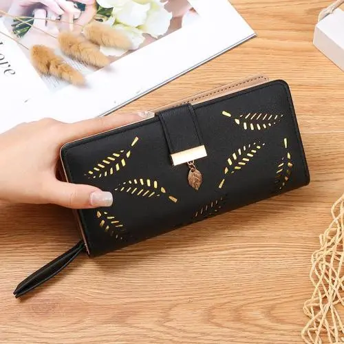 2024 New Ladies Korean Version Hollow Leaf Wallet Waterproof Long Card Bag Clutch with Open Closure Zipper