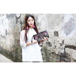 ZR778 Women's Clutch Bags Ethnic Style Embroidery Wallet Long Handbag Cloth Zipper Coins Wallet Purse Stylish Mobile Phone Bag