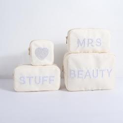 Keymay New Design RTS Stock Bridesmaid Gift Embroidery Pearl Letter MRS Wedding Cosmetics Bags Lettered Pouch Bride Makeup Bag