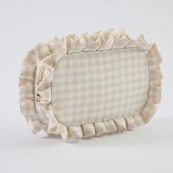 Keymay Hot Sale Rts Stock Cream Gingham Ruffle Cosmetic Bag Frilly Makeup Bag Checkered Makeup Bag Pleated Edge Pouch Cocmetic