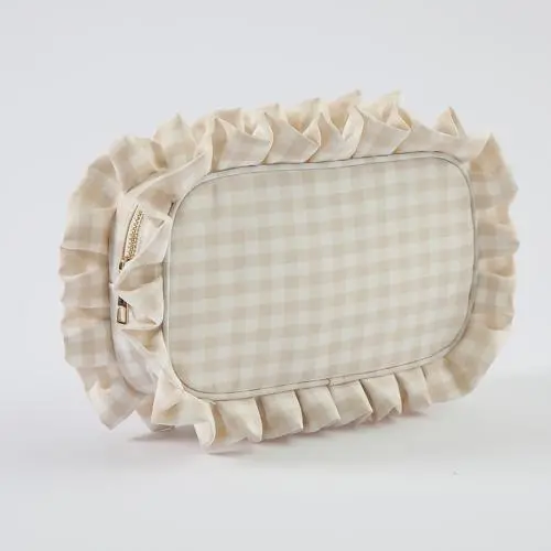 Keymay Hot Sale Rts Stock Cream Gingham Ruffle Cosmetic Bag Frilly Makeup Bag Checkered Makeup Bag Pleated Edge Pouch Cocmetic