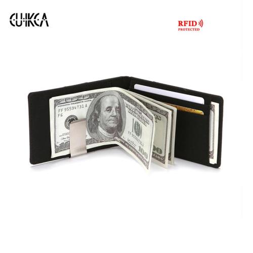 HF070 CUIKCA Men Wallet Purse PU Leather RFID Blocking Simple Wallet Stainless Steel Clip Money Clip ID Bank Credit Card Holders