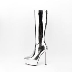 Banquet Botas Hot Selling Lady High Heels Metallic Boots Women Thick Sole Back Zipper Pointy Toe Platform Heels Mid Calf Boots