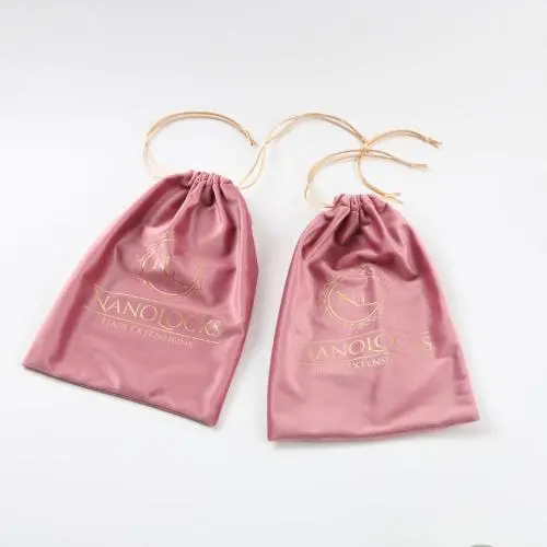 Custom Gold Logo Printed Pink Soft Velvet Drawstring Hair Wig Packaging Bag Luxury Velvet Pouch For Hair Extensions