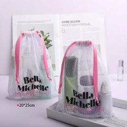 Hot Sale Custom Logo Printing Nylon Mesh Soap Shampoo Storage Bag Drawstring Skincare Product Gift Packaging Mesh Pouch