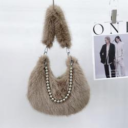2024 Autumn and Winter Imitation Fox Fur Underarm Bag Pearl Chain Shoulder Bag Furry Bags Ladies Handbag