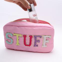 Keymay Ready In Stock Nylon Makeup Bag Zipper Pouch Travel Cosmetic Organizer for Women Girls Letter Patch Make Up Pouches