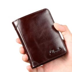 ZF208 Men Wallet Genuine Leather Oil Waxed Head Layer Cowhide Anti-theft Brush Vertical Card Bag Short Trifold Money Clip