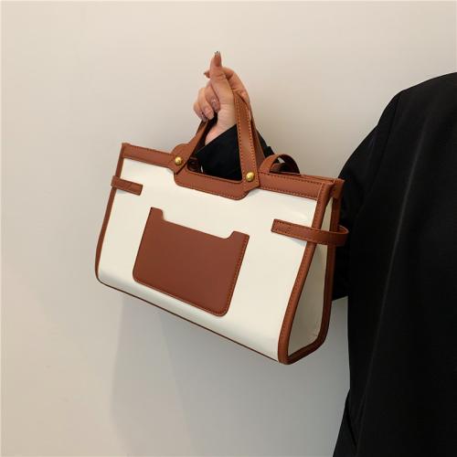Fashion Contrast Color Handheld Large Bags for Women Briefcase Tote Bag Single Shoulder Cotton Linen PU Polyester OEM Square