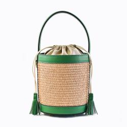 2024 Bag Ladies Luxury Flax Raffia With Leather Women Bucket Straw Bag Tote Handbags Drawstring Bucket Bag
