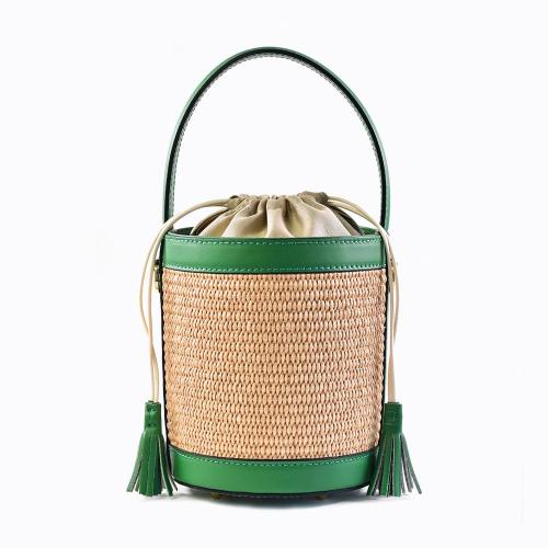 2024 Bag Ladies Luxury Flax Raffia With Leather Women Bucket Straw Bag Tote Handbags Drawstring Bucket Bag