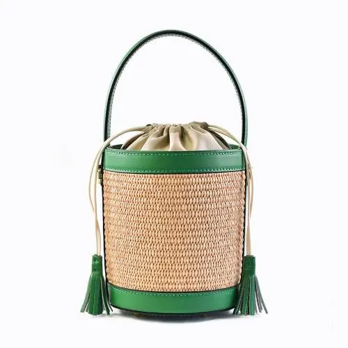 2024 Bag Ladies Luxury Flax Raffia With Leather Women Bucket Straw Bag Tote Handbags Drawstring Bucket Bag