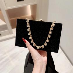 Hot selling  ladies bag handbags rhinestone chain black velvet clutch evening bag party purses wholesale pochette femme