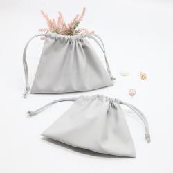 Custom Emboss Logo Gray Faux Leather Travel Cosmetic Dust Pouch High End Drawstring Pu Leather Gift Makeup Cosmetic Bag