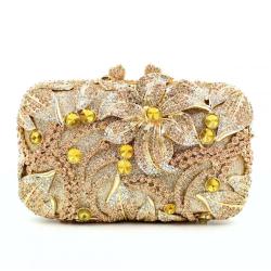 Gold Flower luxury evening bling purses handbag plant crystal clutch rhinestone handmade women diamond bag for lady