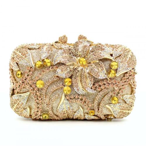 Gold Flower luxury evening bling purses handbag plant crystal clutch rhinestone handmade women diamond bag for lady