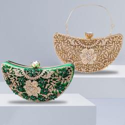 Metal Flower Diamond Handbags Green Bling Dress Bags Women Luxury Rhinestone Evening Bag For Party