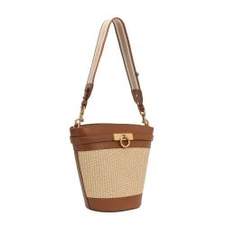 2022 Fashion PU Natural Straw Seagrass Women Bucket Bags Handbags Wide Cotton Braid Shoulder  Summer Handmade Straw Bucket Bag