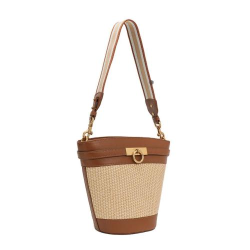 2022 Fashion PU Natural Straw Seagrass Women Bucket Bags Handbags Wide Cotton Braid Shoulder  Summer Handmade Straw Bucket Bag