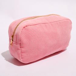 Keymay No MOQ Beige Pink Navy Lilac Corduroy Makeup Zipper Pouch Large Capacity Travel Organizer for Women and Girl Cosmetic Bag