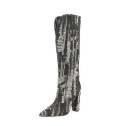 2022 Bottes Femme Ladies Autumn Winter V Neck Boots Pointy Toe Chunky Heels Stylish Long Boots Women Denim Knee High Boots