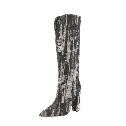 2022 Bottes Femme Ladies Autumn Winter V Neck Boots Pointy Toe Chunky Heels Stylish Long Boots Women Denim Knee High Boots