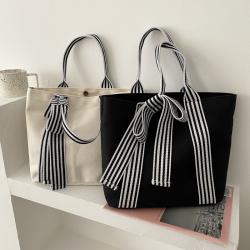 Top Quality Fashion Large Capacity Shoulder Bag Women Daily Canvas Tote Shopping Handbag With Striped Bow Handle