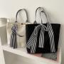 Top Quality Fashion Large Capacity Shoulder Bag Women Daily Canvas Tote Shopping Handbag With Striped Bow Handle