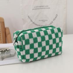 Gelory Makeup Pouch Travel Toiletry Organizer Bag Knitted Black Brown Checkered Cosmetic Bag for Women Girls