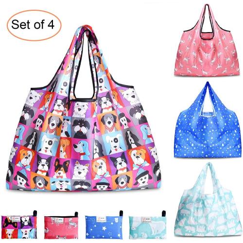 4 Pack Larger Sized Portable Sturdy Reinforced Polyester Reusable Foldable Grocery Bags For Shopping