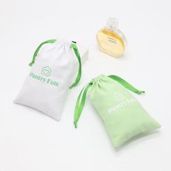 Promotion White Green Cotton Canvas Gift Packaging Skincare Makeup Bag Cotton Dust Pouch With Logo Printed