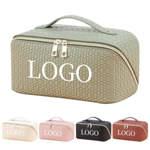 personalized luxury travel makeup bag with pockets portable pu soft leather cosmetic bags with custom logo
