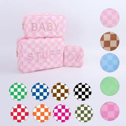 Customized Logo Design Embroidery Pink Makeup Bags Waterproof Nylon Zipper Pouch Letter Sewn On Checkered Printed Cosmetic Bag