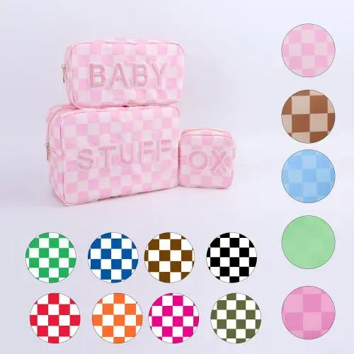 Customized Logo Design Embroidery Pink Makeup Bags Waterproof Nylon Zipper Pouch Letter Sewn On Checkered Printed Cosmetic Bag