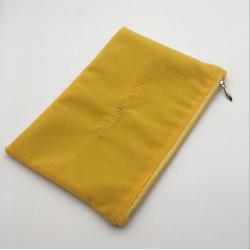 Soft Gold Embroidery Yellow Velvet Zipper Pouch With Satin Lining