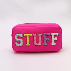 Custom Personalized Ladies Girls Hot Pink Embroidery STUFF Zipper Pouch Makeup Bag Organizer Large Nylon Cosmetic Bag