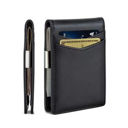 rfid blocking genuine leather carbon fiber wallet with strap men's thin bifold wallet with metal money clip