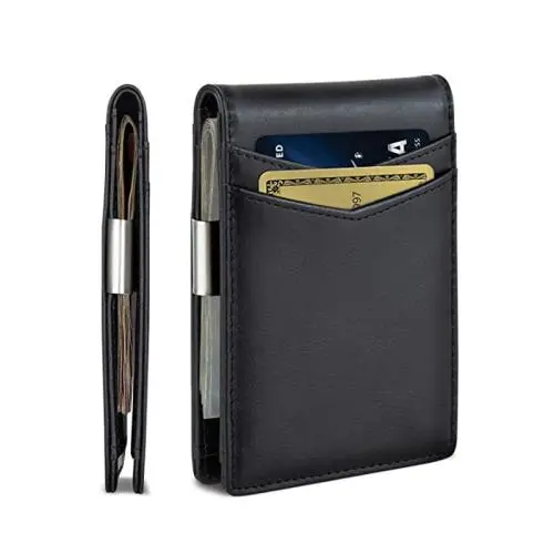 rfid blocking genuine leather carbon fiber wallet with strap men's thin bifold wallet with metal money clip