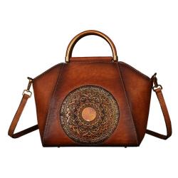 Luxury Vintage Genuine Leather Women Handbags For Retro Ladies Shoulder Bags With Embossed Flowers