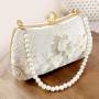 Fashionable Silk fabric pearl chain handle sling bag handbag ladies purse white embroidery flower clutch bag women evening bags