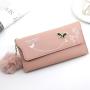 Fashionable  Women Long Wallets Pure Color Wool Ball Bow Clutch Bag Women's Long Bag Card Bag Coin Purse