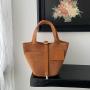 Autumn Retro Spliced Leather Basket Bag External Leather Buckle Suede Leather Handbag