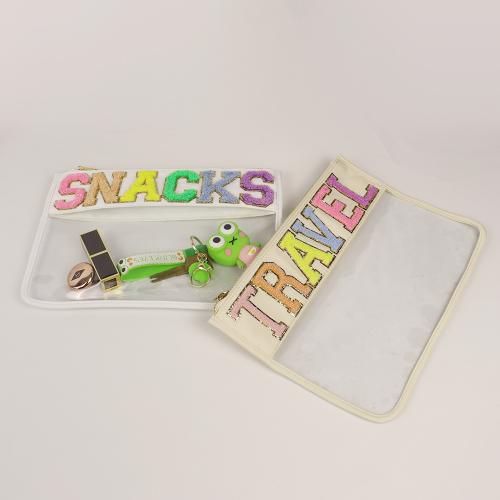 Keymay Hot Sale RTS Stock DIY Chenille Glitter Letter Patches Washbag Cosmetics Bag Vinyl Cosmetic Bags flat makeup bag
