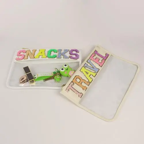 Keymay Hot Sale RTS Stock DIY Chenille Glitter Letter Patches Washbag Cosmetics Bag Vinyl Cosmetic Bags flat makeup bag