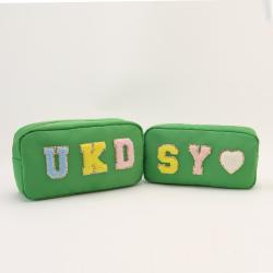 Keymay RTS 19 Colors Stock DIY Personalized Chenille Letter Pattern Patches Toiletry Mekup Pouch Travel Bag Nylon Cosmetic Bag