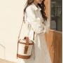 2022 Wholesale  Drawstring Recycled Canvas Bags Custom Gold Foil Stamped Logo Pu Vegan Leather Shoulder Bag Womens Bucket Bags