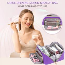 Portable Large Leather Cosmetic Bag with Strap Travel-Friendly Waterproof Anti-Dust Makeup Bag for Women Opens Flat Lay Makeup