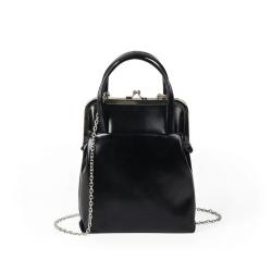 Korean bag cute brown chain lipstick bag Pu leather button style handbag metal clip opening mini bag
