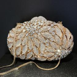 Luxury leaf flower inlaid diamond evening bag gold banquet party women handbag hollowed out metal box rhinestone clutch bag